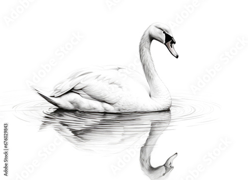 Swan Portrait in Black and White Graphic Isolated on White Background