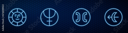 Set line Pisces zodiac, Sun, Neptune planet and Sagittarius. Glowing neon icon on brick wall. Vector