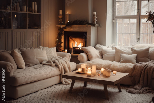 Modern cozy living room decorated for Christmas, Scandinavian style