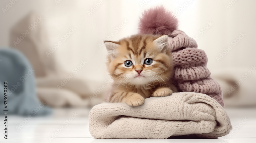 Cute little kitten sitting on warm knitted scarf and hat. Copy space. Winter sale advertising banner for shop.
