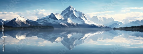 beautiful snowy mountain and lake nature scenery landscape background, Generative Ai	
