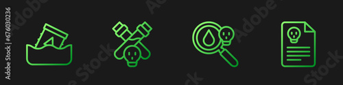 Set line Poison magnifying glass, Radioactive waste barrel, Bottle with potion and Radiation warning document. Gradient color icons. Vector