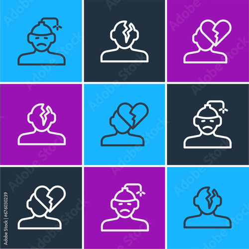 Set line Concussion, headache, Broken heart or divorce and Solution problem in psychology icon. Vector