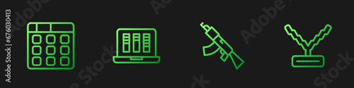 Set line Submachine gun, Drum music, Sound or audio recorder and Rapper chain. Gradient color icons. Vector