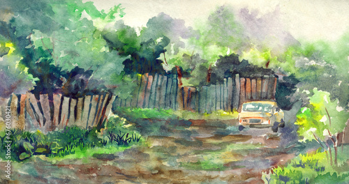 Fototapeta Naklejka Na Ścianę i Meble -  Watercolor landscape. Rurual street road