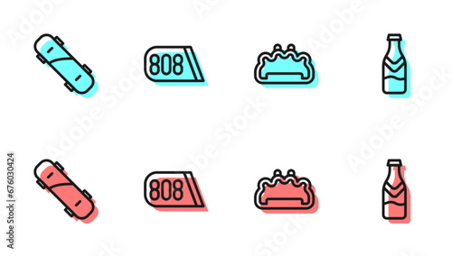 Set line Brass knuckles, Skateboard, Drum machine music and Beer bottle icon. Vector