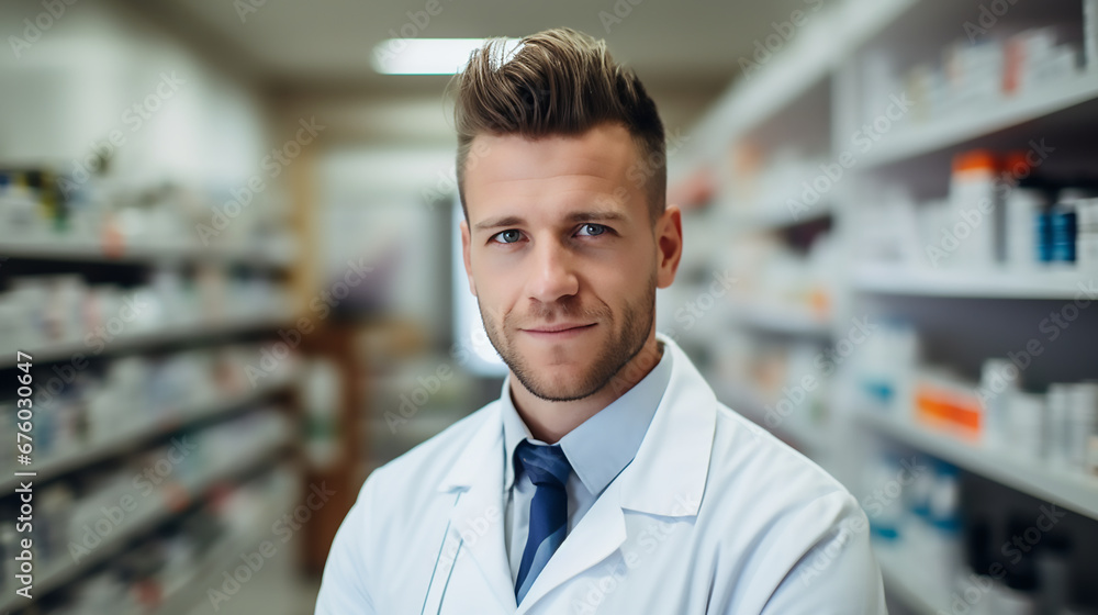 Close up portrait of a Pharmacist/pharmacist standing at the medicine counter