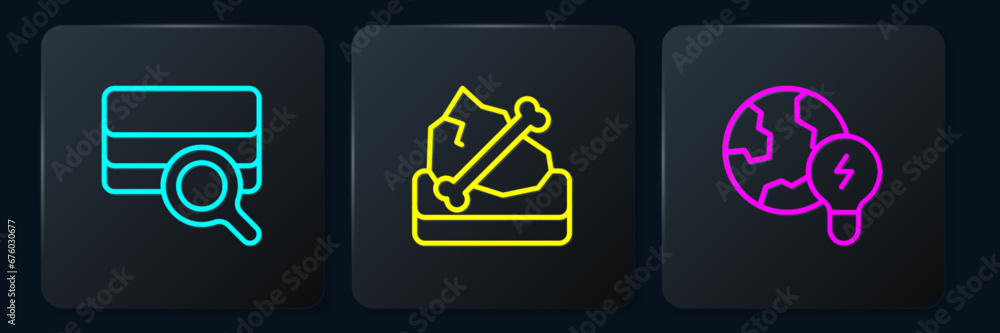 Set line Soil analysis, Global planet with bulb and Archeology. Black square button. Vector Set line Soil analysis, Global planet with bulb and Archeology. Black square button. Vector