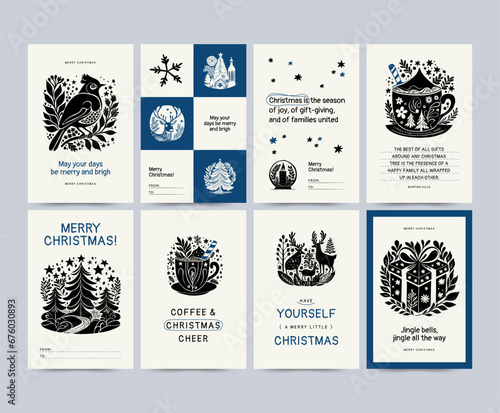 Merry Christmas card and Happy New Year vertical flyer or poster template. Modern trendy Matisse minimal style. Hand drawn design for wallpaper, wall decor, print, postcard, cover, template, banner.