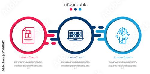 Set line Document and lock, Binary code and NFT Digital crypto art. Business infographic template. Vector