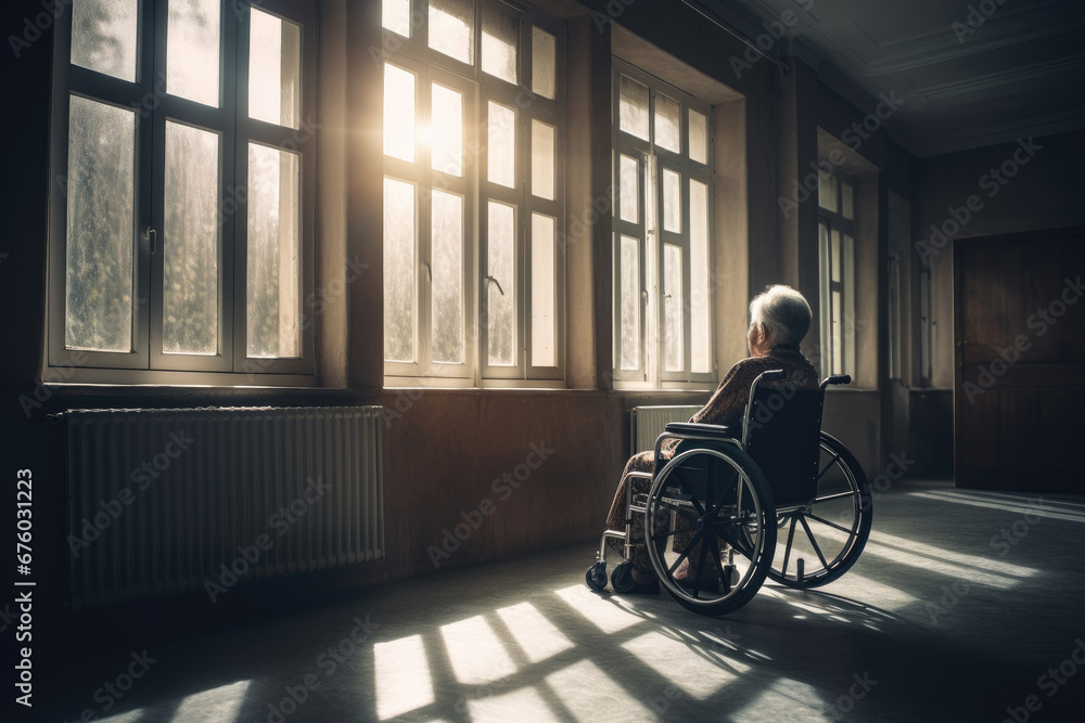 Man a wheelchair going away, AI generated Man a wheelchair going away, AI generated