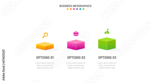 Timeline infographic with infochart. Modern presentation template with 3 spets for business process. Website template on white background for concept modern design. Horizontal layout.