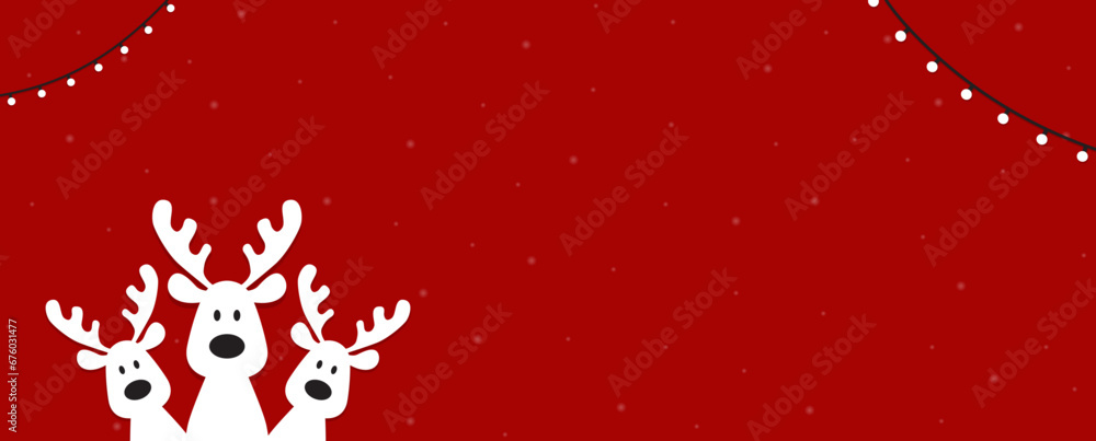 Cute Christmas reindeer on a red background. Christmas background, banner, or card. - obrazy, fototapety, plakaty 