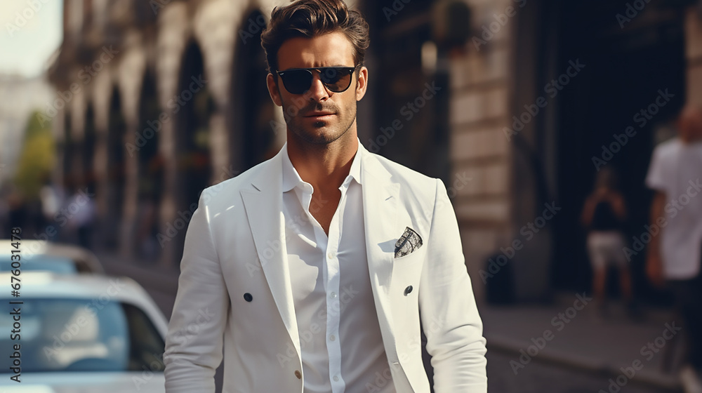 Portrait of a handsome, confident stylish businessman. Fashionable modern man dressed in an elegant white classic suit