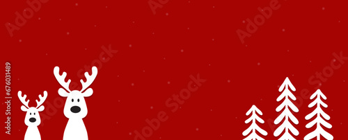 Cute Christmas reindeer on a red background. Christmas background, banner, or card.