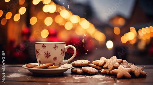 Cup of hot drink and cookies against the backdrop of Christmas market lights