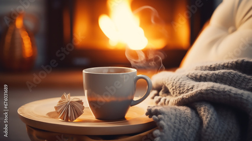 A mug of hot tea stands on a chair with a woollen blanket in a cosy living room with a fireplace