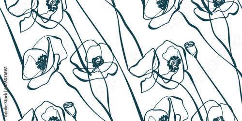 poppies plant nature artistic seamless ink vector one line pattern hand drawn