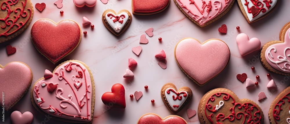 An artistic composition of cookies with a Valentine motif decorated with royal icing. Happy Valentine's Day card. Birthday, children party invitation. - obrazy, fototapety, plakaty 