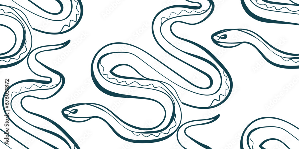 Fototapeta premium snake nature wildlife artistic seamless ink vector one line pattern hand drawn