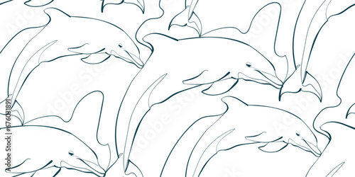 Photography dolphin nature wildlife artistic seamless ink vector one line pattern hand drawn