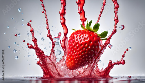 Big fresh strawberry fruit floating on splashes and waves of strawberry pulp and juice photo
