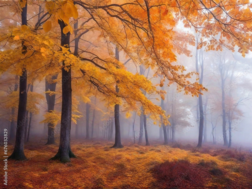 Atmospheric autumn forest in the fog. Yellow and orange leaves on the trees in the morning forest. Beautiful background. Generated AI