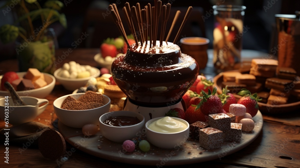 A chocolate fondue set with skewers and a variety of dippable treats in