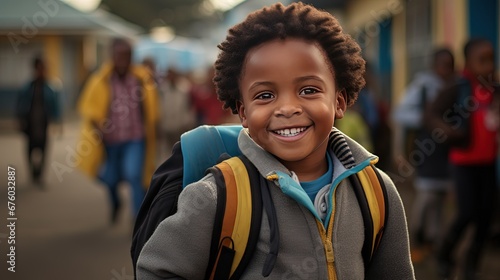 closeup portrait of young African American boy going to school at morning, Generative Ai