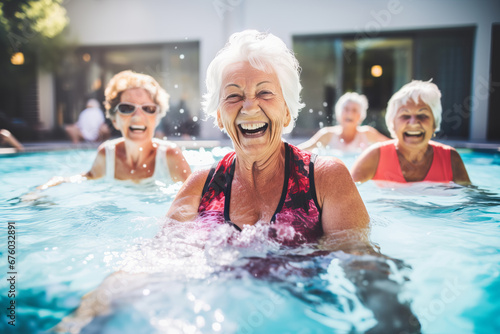 Multiracial Mature women having fun and doing water aerobics in pool © colnihko