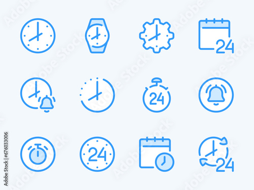 Time and Clock vector line icons. Watch and Hour outline icon set. Countdown, Timer, 24 Hours, Deadline, Time management and more.