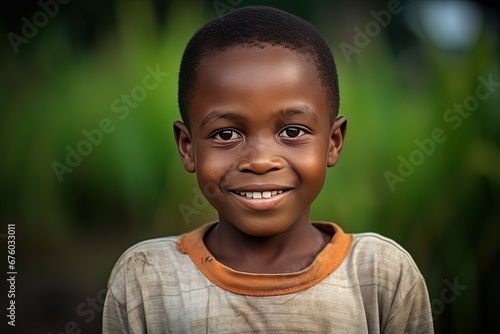 young African boy smiling cheerful walking on local market street  Generative Ai