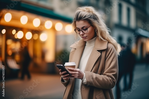 Blonde girl in a coat walks and reads messages on a smartphone on the street. The young woman holds cup of coffee and mobile phone in her hands