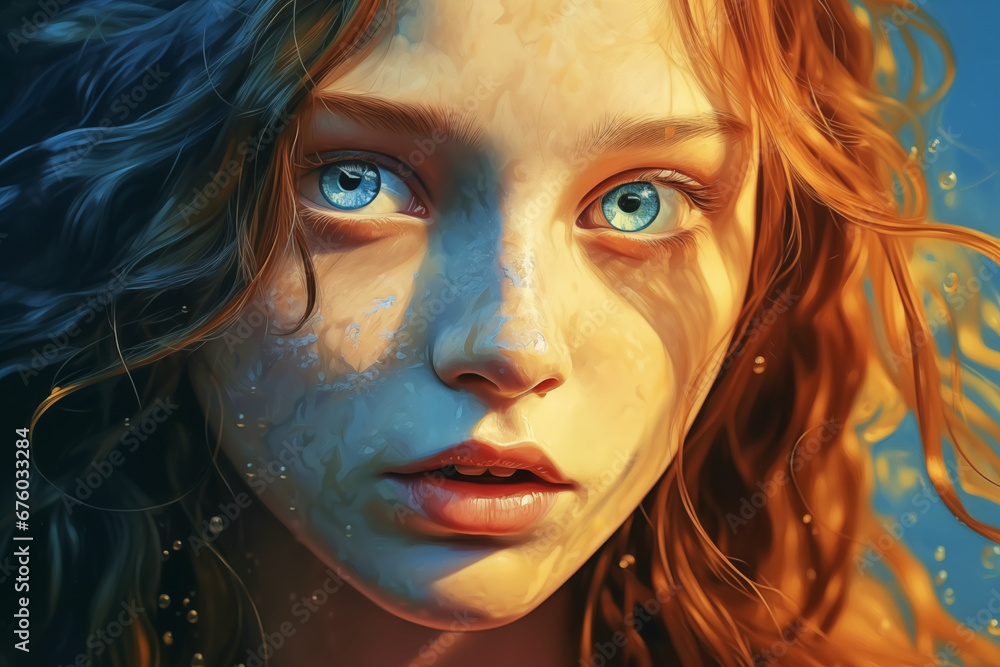 Close up portrait of model girl with blue eyes and artistic blue effect Close up portrait of model girl with blue eyes and artistic blue effect
