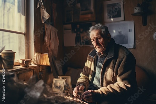 Elderly man sitting by the window in an old apartment, old photo in hand, loneliness