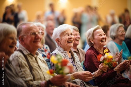 Elderly people at an evening concert in a nursing home, sitting and listening to music, a mood of joy