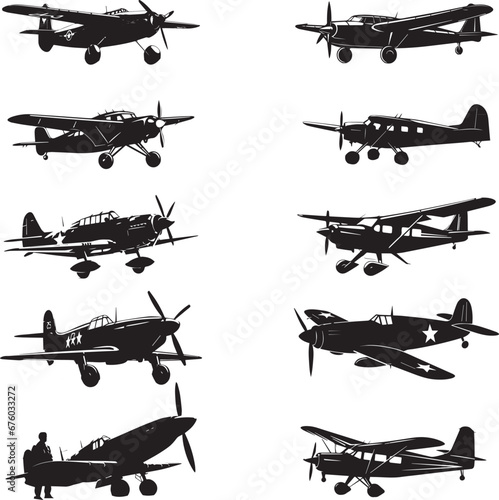 set of silhouettes of light aircraft, Small airplane , black isolated silhouette