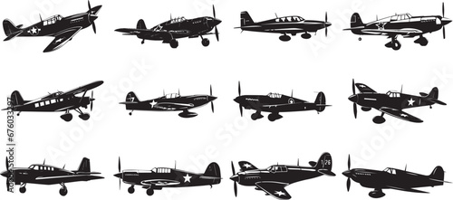 Vector collection of small airplane silhouettes, old aircrafts collection - vector