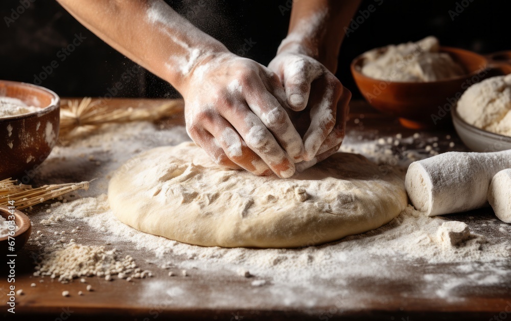 Female hands kneading dough with flour on wooden table, closeup