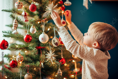 Little Boy Decorating Christmas Tree 