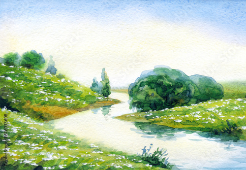 Watercolor landscape. River in summer field