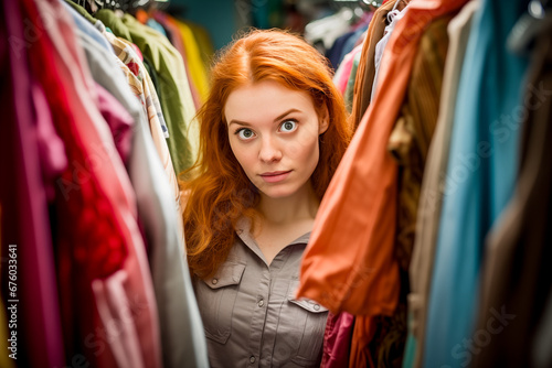 Young Woman can not choose what wear. Funny girl indecision clothes choices, cleaning concept. Emotional girl with worried face expression posing in her dresses room. Too much clothes.