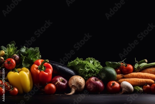 Different colorful fruits and vegetables all over the table. generative AI