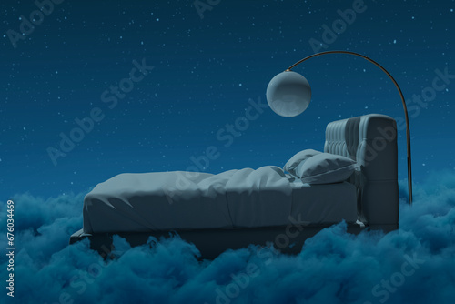 3d rendering of cozy bed with hanging lamp over fluffy clouds at night