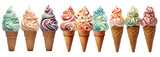 set of colorful and fresh ice cream template in PNG format, featuring a variety of ice cream flavors on waffle cones set against a transparent backdrop
