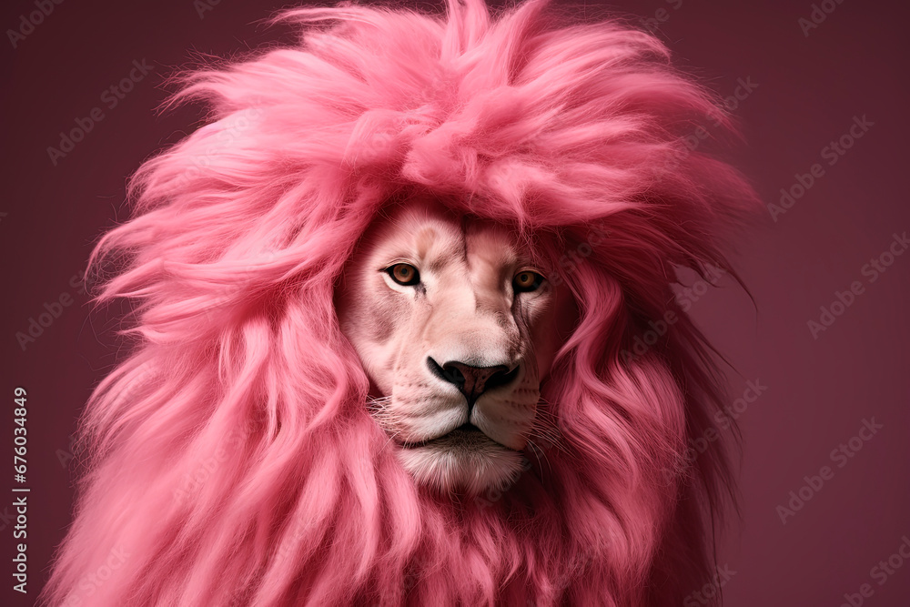 Lion with a pink mane. Salon styling for a cat. Generative AI