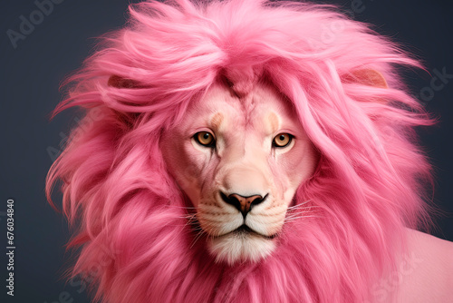 Lion with a pink mane. Salon styling for a cat. Generative AI © Oleksandr