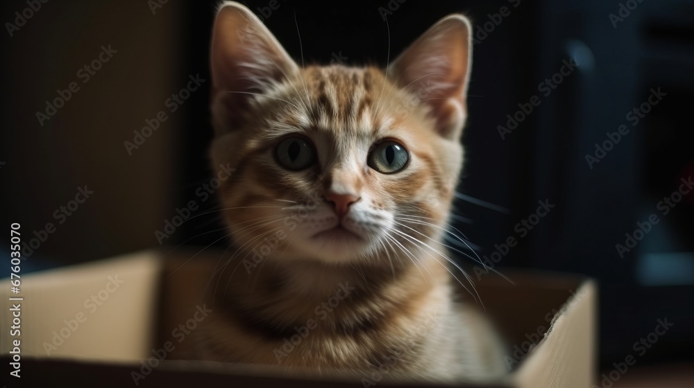 Cute little baby cat in a cardboard box. Little cat at home. Small pet. Pet care concept.