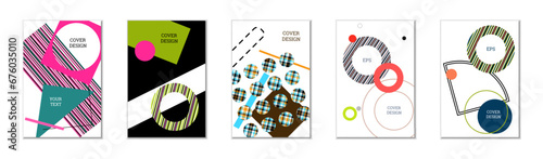 Geometric cover design, set of 5 covers. Abstract unusual background in Memphis style. Bright geometric shapes in random order