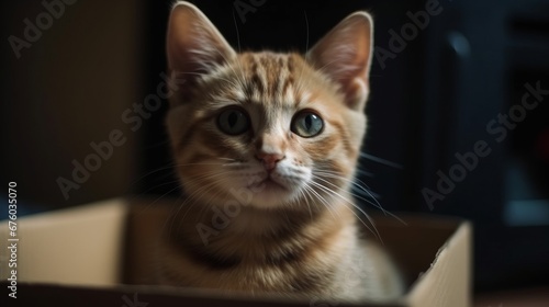 Cute little baby cat in a cardboard box. Little cat at home. Small pet. Pet care concept.